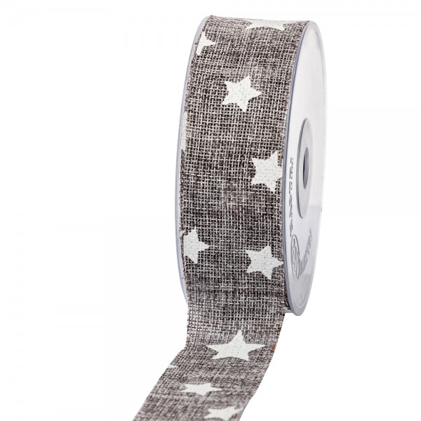 Geschenkband in Juteoptik Grau/Sterne weiß 40mm 20m