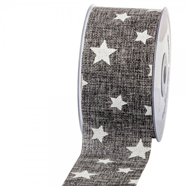 Geschenkband in Juteoptik Grau/Sterne weiß 63mm 20m